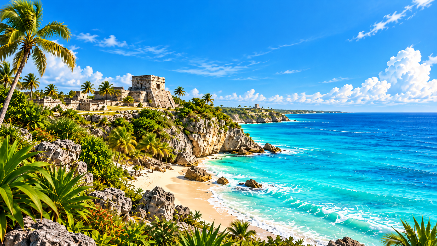 Tulum ruins and palm trees overlooking a turquoise Caribbean beach